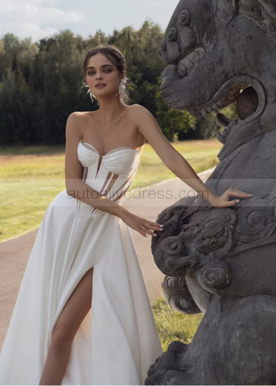 Strapless Ivory Satin Sheer Back Slit Wedding Dress